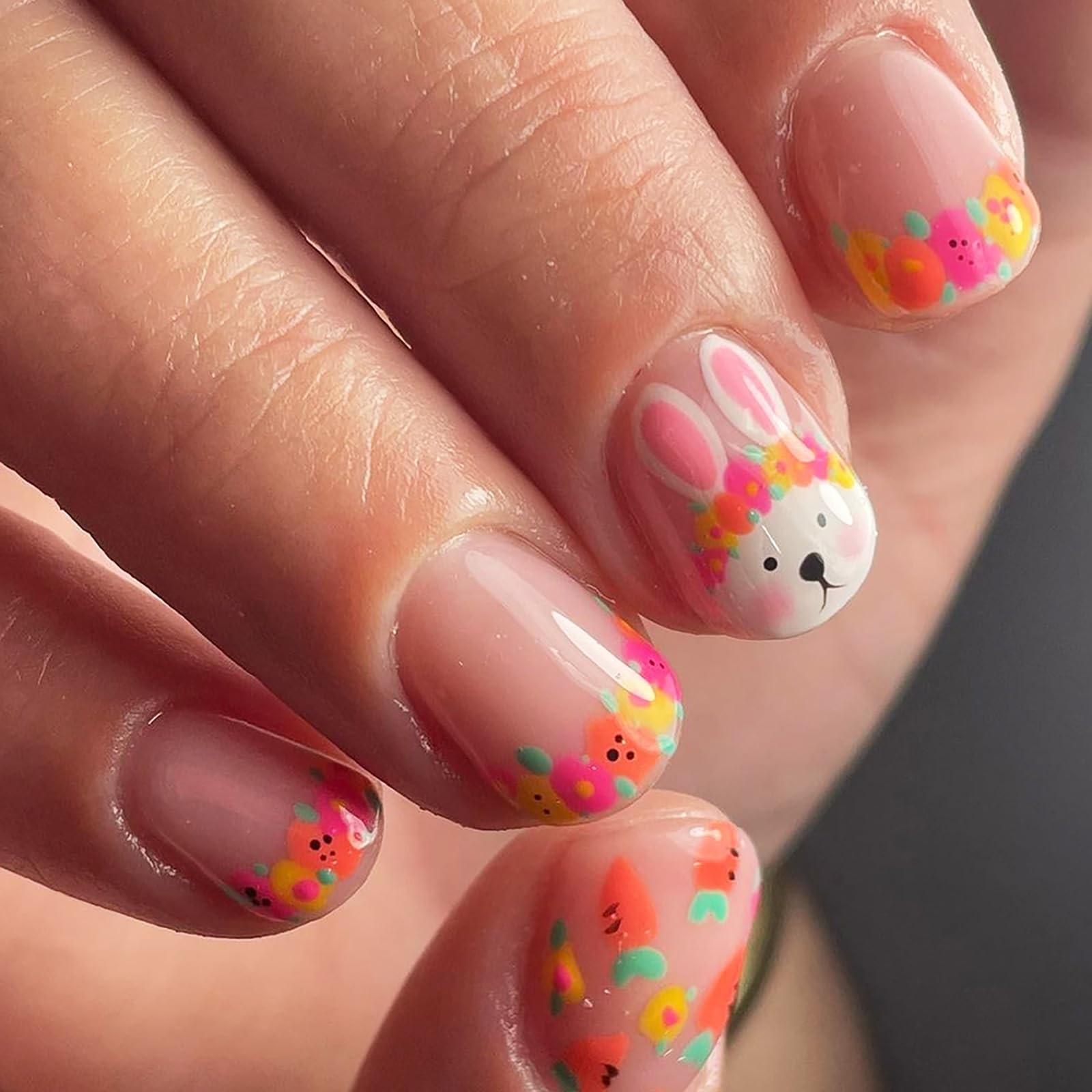 Easter Press on Nails Short Square Fake Nails Cute Bunny & Carrot Design Fals…