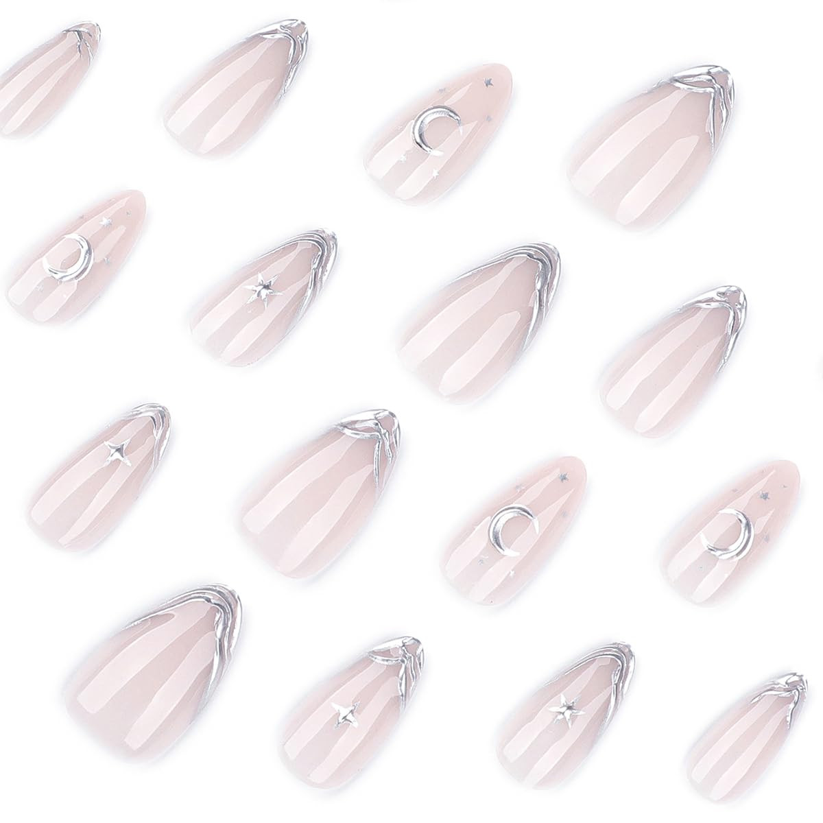 French Tip Press on Nails Almond Medium Fake Nails with 3D Silver Star Moon Desi