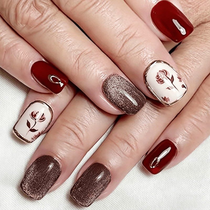 48 Pcs Wine Red Rose Short Square Press on Nails, Vintage Elegant Fake Nails