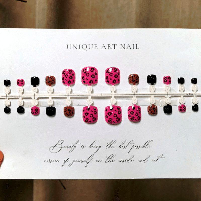 48pcs Short Square Press on Toe Nails, Hot Pink Black Leopard Print Gloss Nails