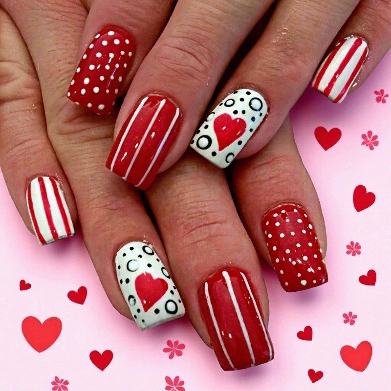 48PCS Women’s Red Square Long Nails with Red Border Heart-shaped Nail Art