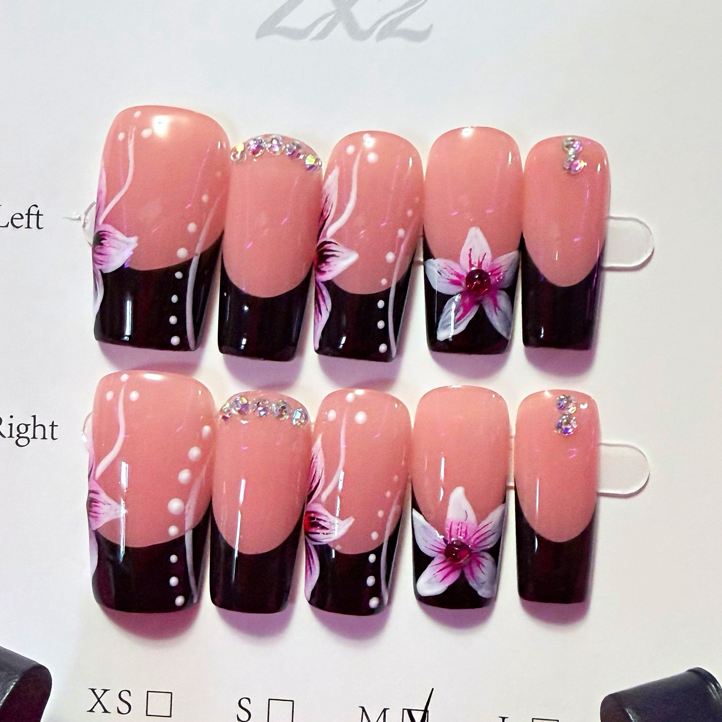 ZXZ Pink/Black/White Floral Square Press-On Nails, Medium, Shiny Pre-Designed