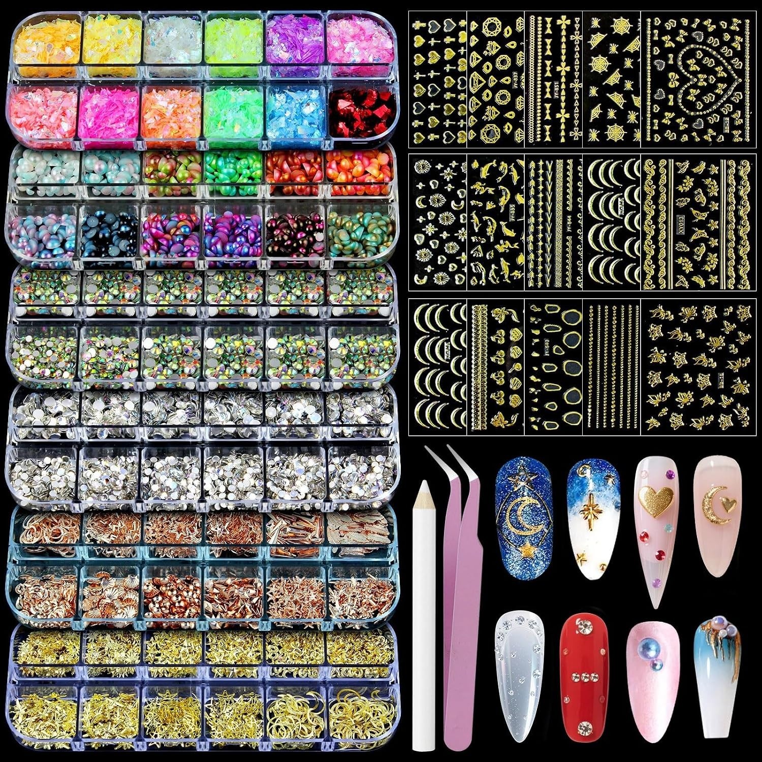 Artdone 3D Nail Art Glitter Studs Kit with 6 Multicolor Boxes & 15 Gold Stickers