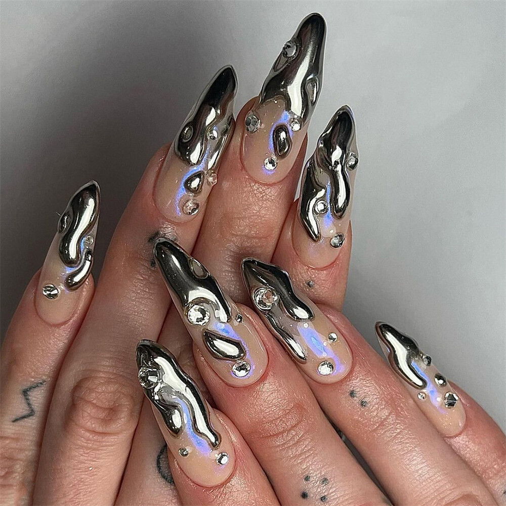 Short Almond Press-On Fake Nail 3D Silver Irregular French Glossy Manicure 24pcs