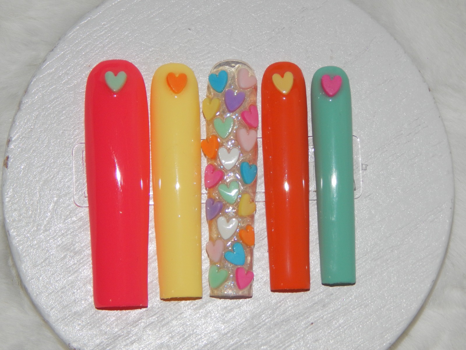 Luxury Handmade Press-On Nails I Reusable I Colorful Hearts I Square Shape l 3XL