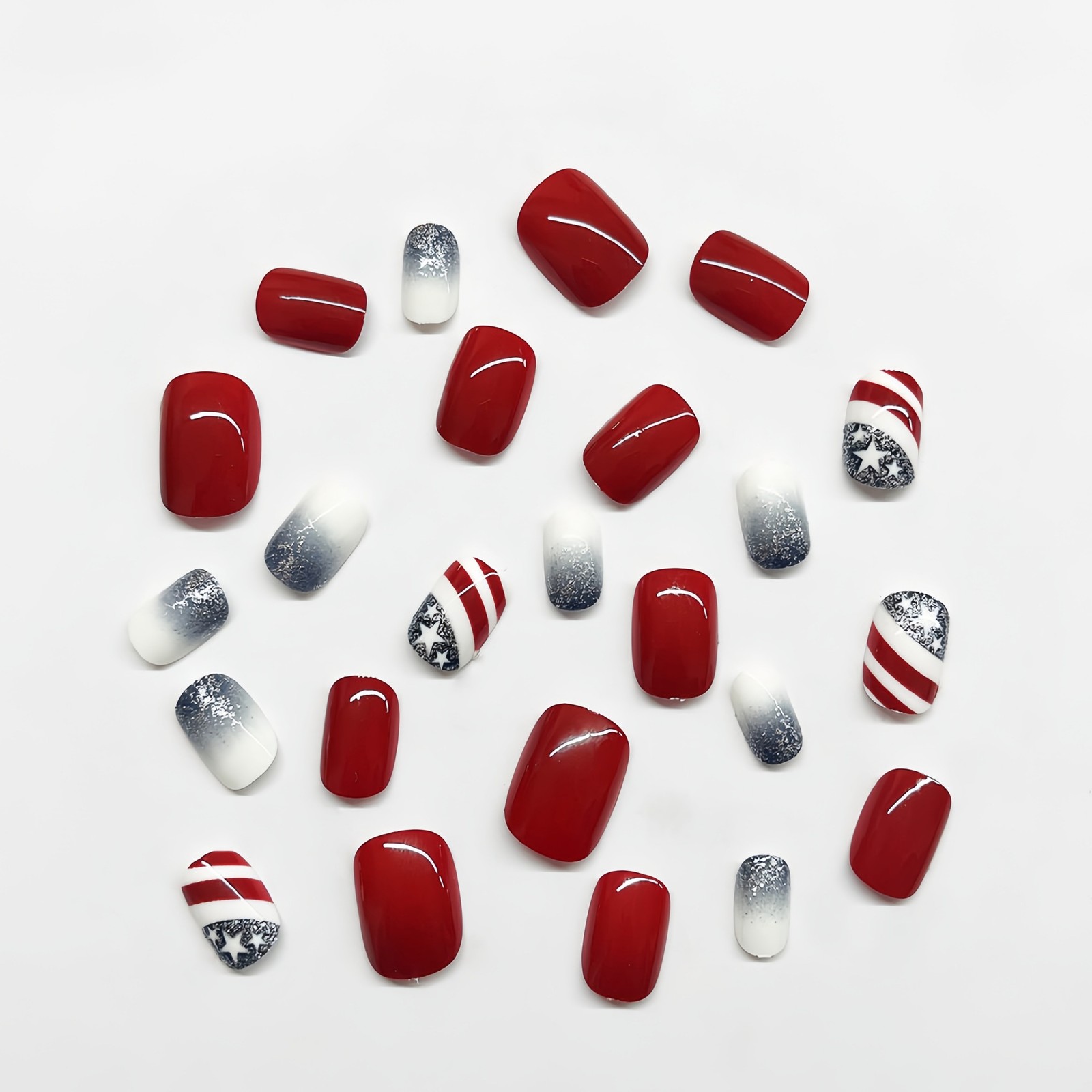 Patriotic Red Blue Glitter Square Press On Nails For Independence Day