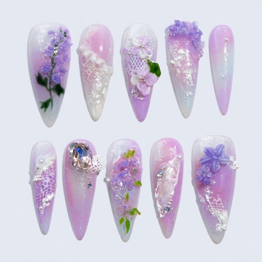 Custom Pure Handmade Nails Wisteria Lace Pearl Rhinestone Wedding Manicure