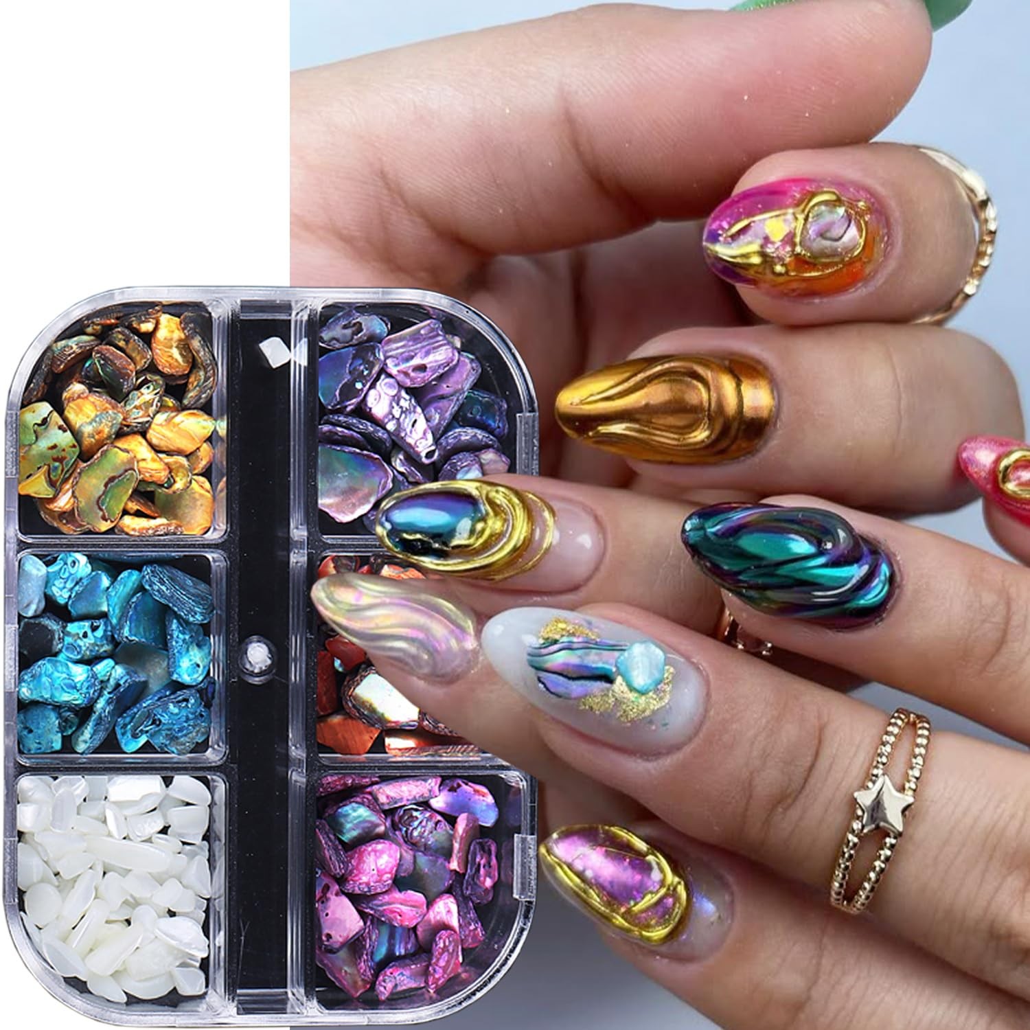 6 Grids Colorful Abalone Shell Stone Nail Gems and Charms 3D Irregular Stone …