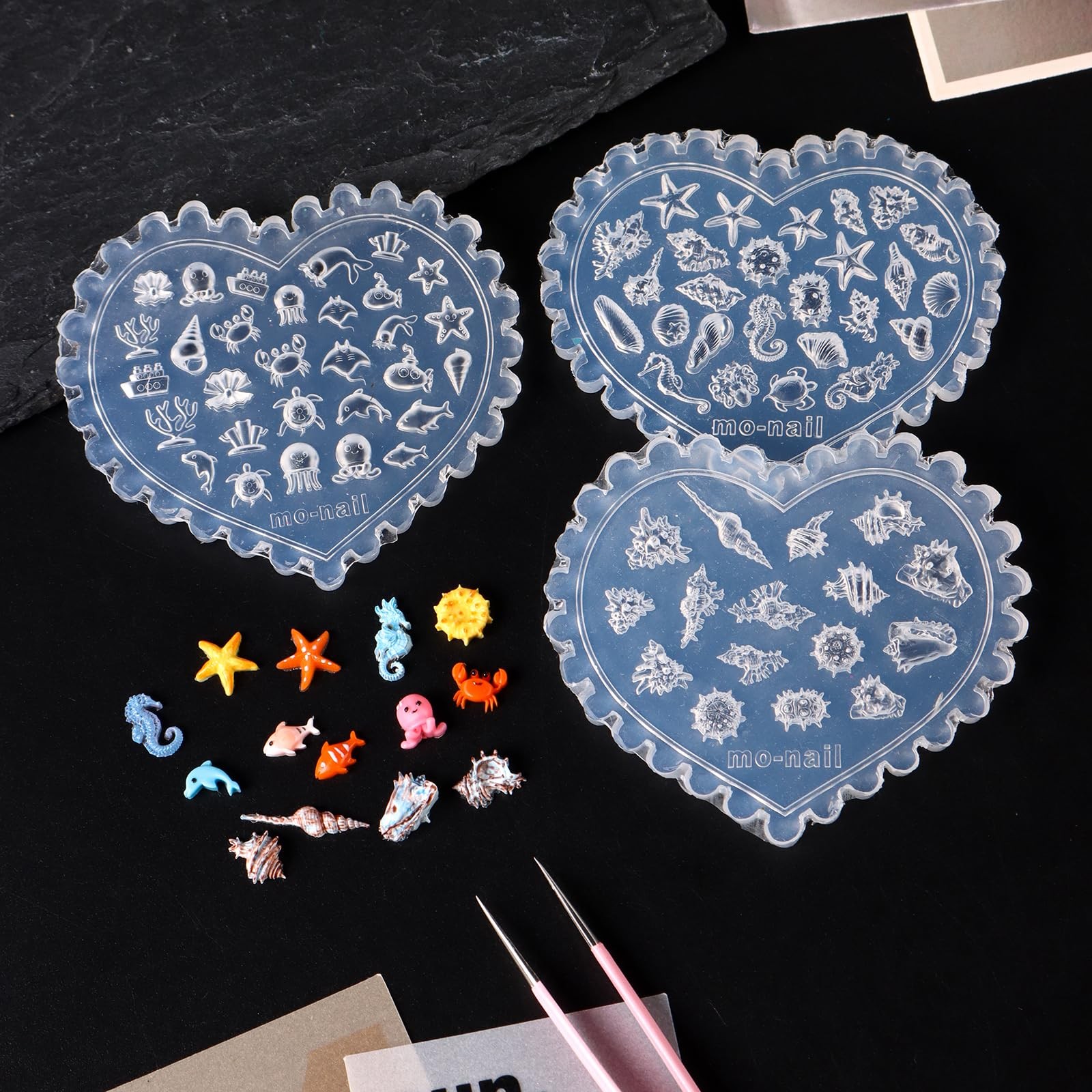 3PCS Ocean Nail Molds (Heart Shaped), Silicone Nail Art Molds – Shell, Starfi…