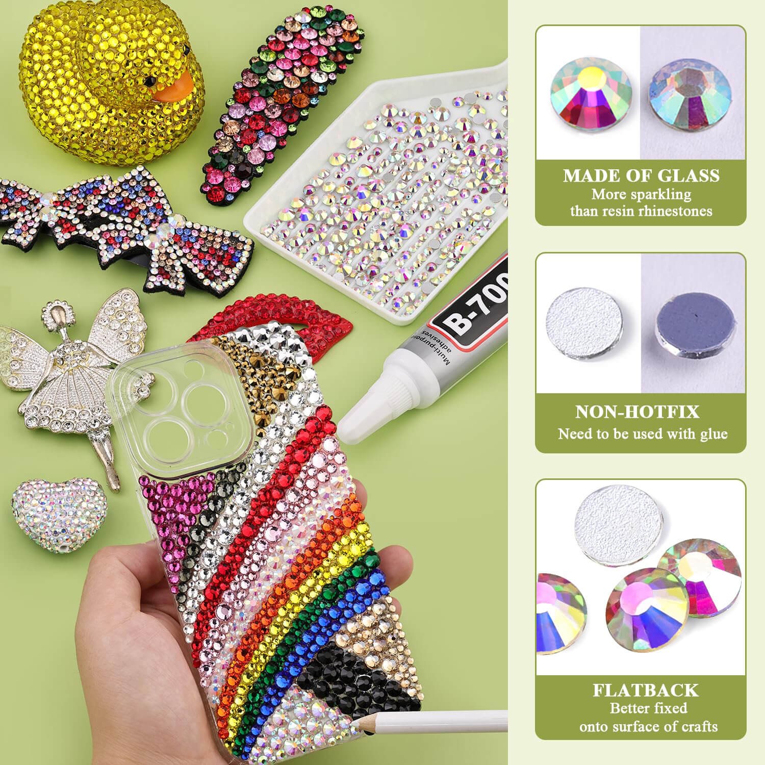 Box of 2100 Flatback Glass Rhinestones in 6 Assorted Sizes for Nails & Crafting