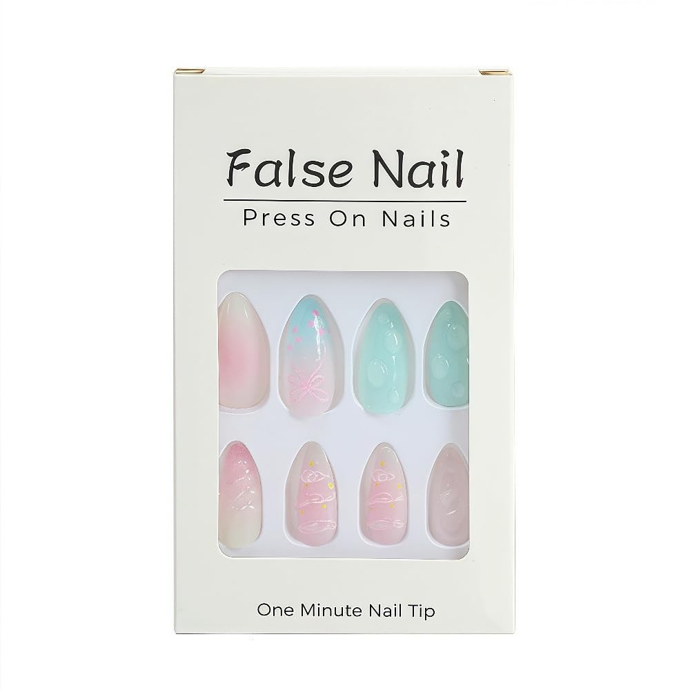 24 Pcs Ombre Press on Nails Short Almond Nail Tips,Pink Acrylic Nail Kit Fake…