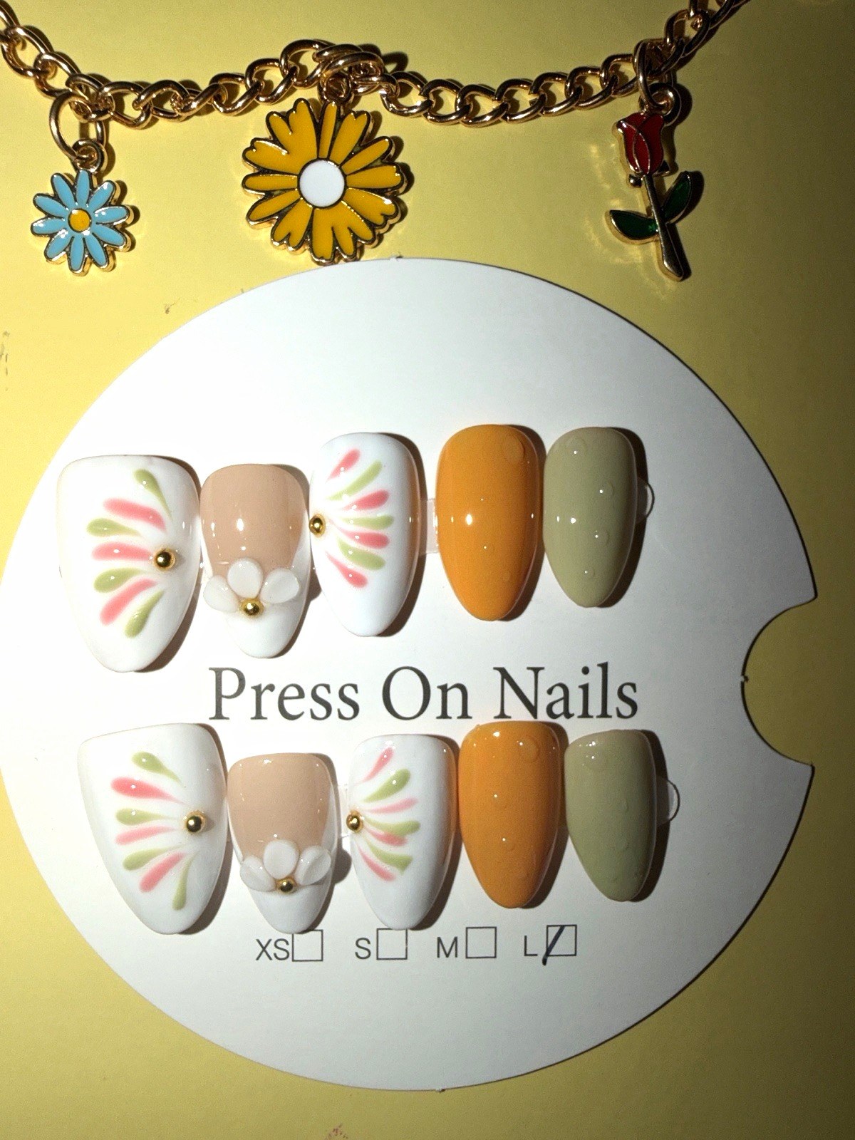 Almond Long Press-On Nails White Beige Orange Green Pink 3D Flower Full Cover