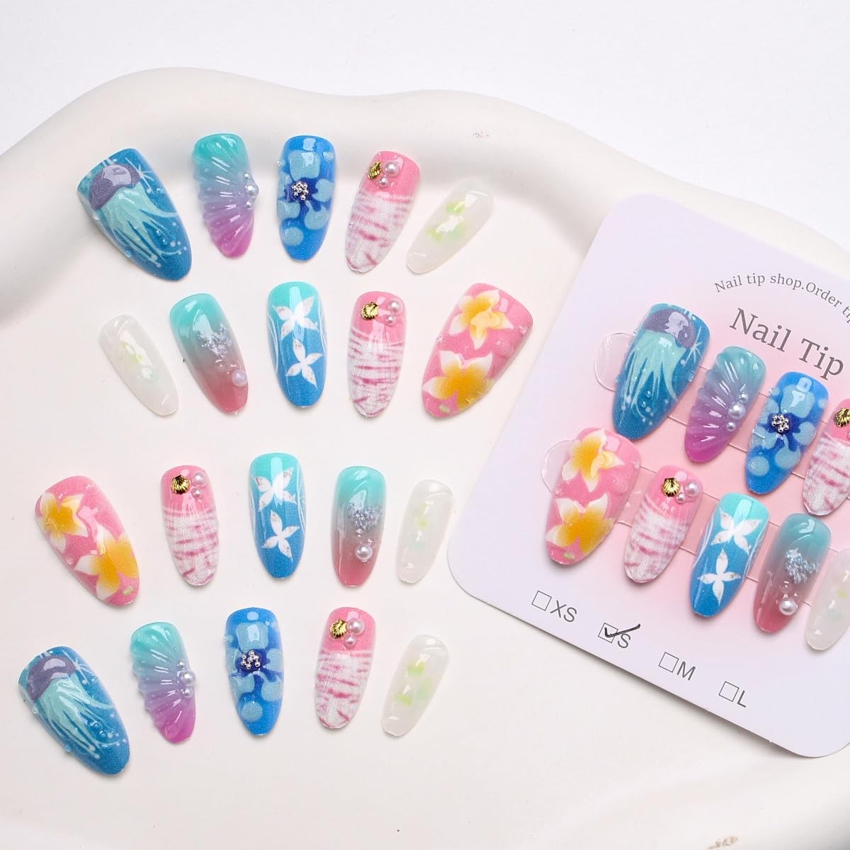 30Pcs Summer Beach Press On Nails Medium Almond Shaped Fake Nails with Jellyf…