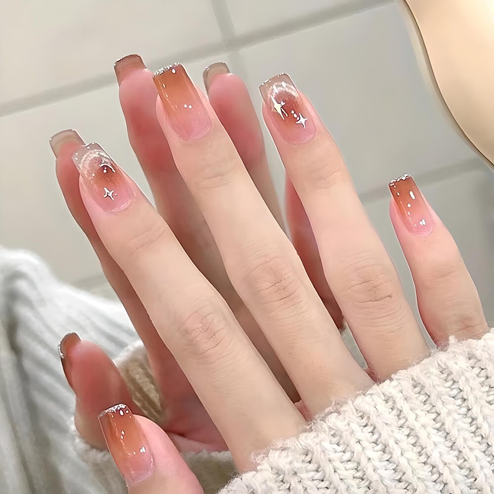 Autumn/ Winter Caramel Gradient Starry Cat Eye Removable Nail Patch set (Glue)