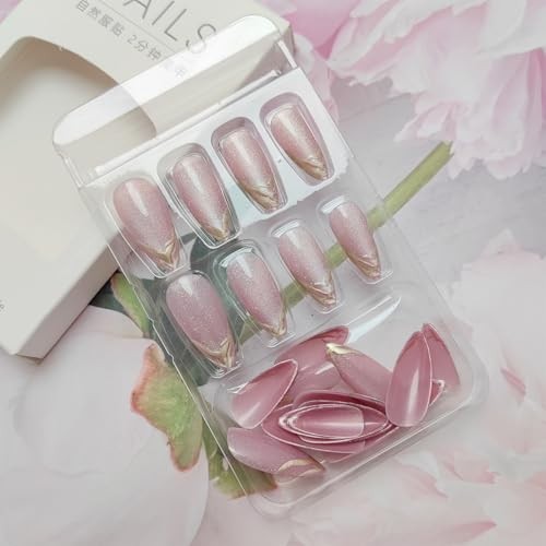 French Tip Press on Nails Medium Almond Fake Nails Bling French Tip Nails-19