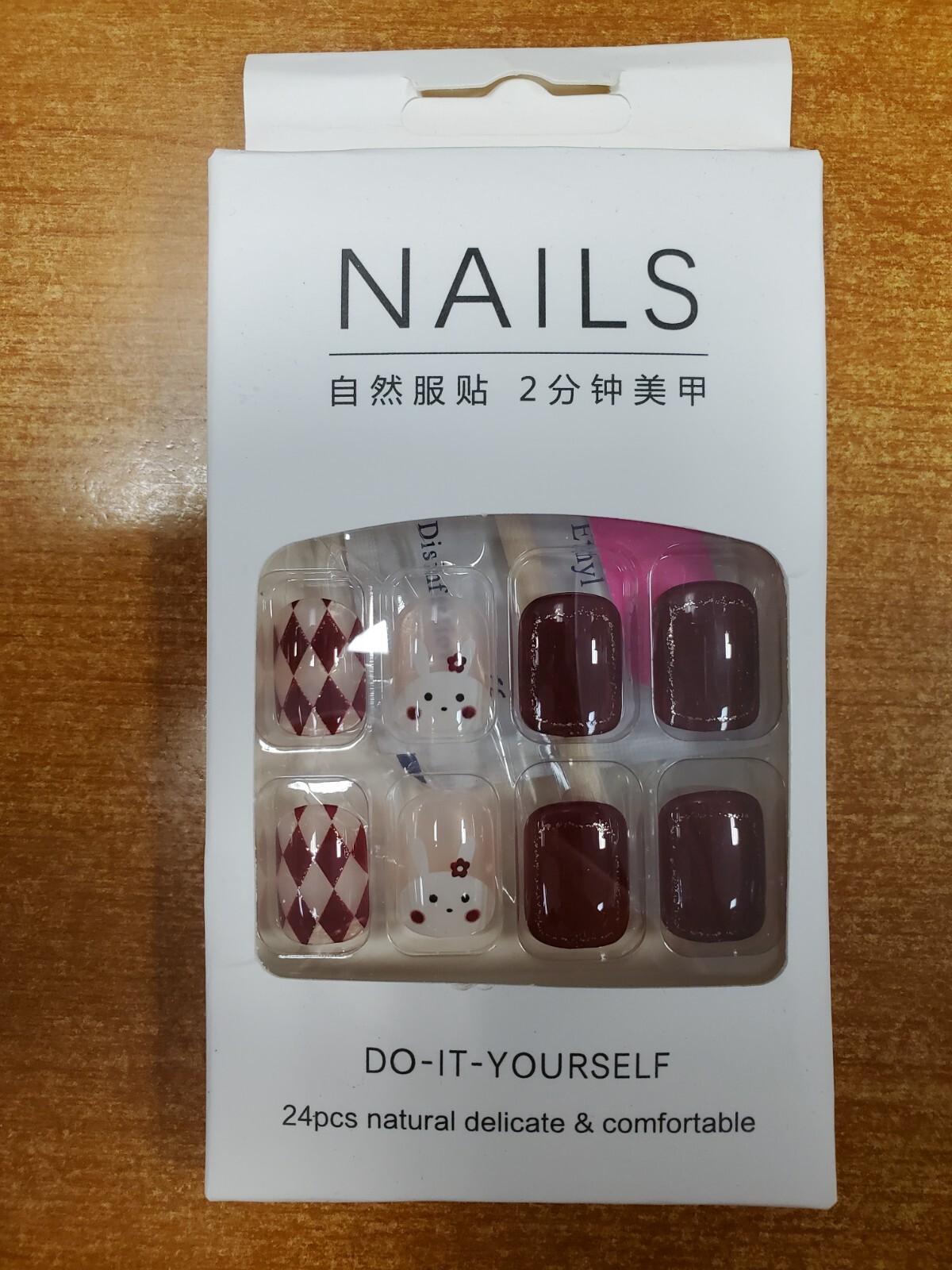 3 Boxes of 24: Red Accent Design Bunny Square Medium Press-On Nails (13C-1794)