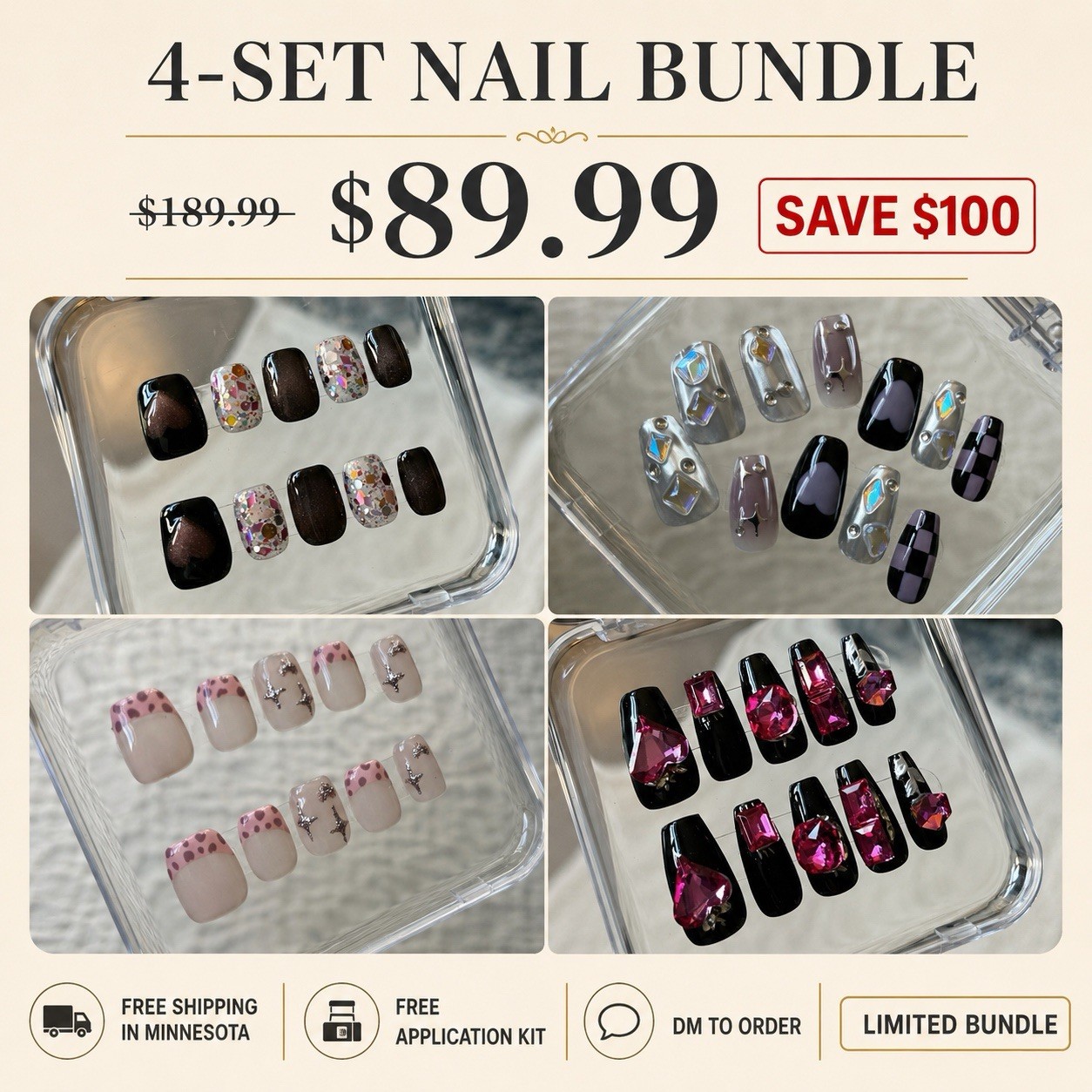 Short Square Press-On Nails Set, Multicolor Shiny Full Cover Pre-Designed Heart