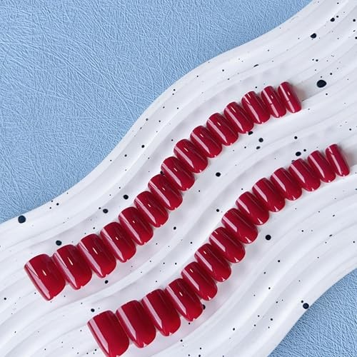 30 PCS Wine Dark Red Press on Nails Short Medium square glossy wine red