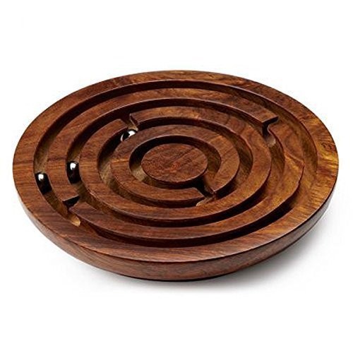 Ajuny Handcrafted Indian Wooden Round Labyrinth Ball Maze 6 Inch, Brown