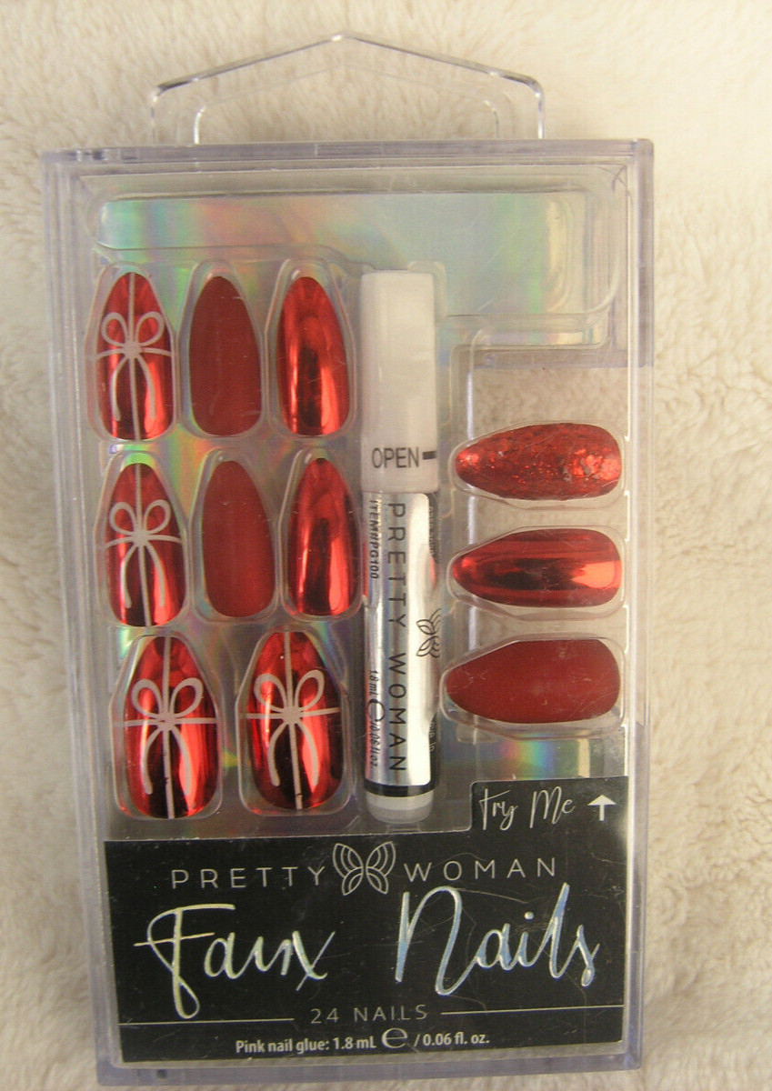 Pretty Woman 24 Faux Nails Bows Red Pink Glue Included Medium Coffin Shape
