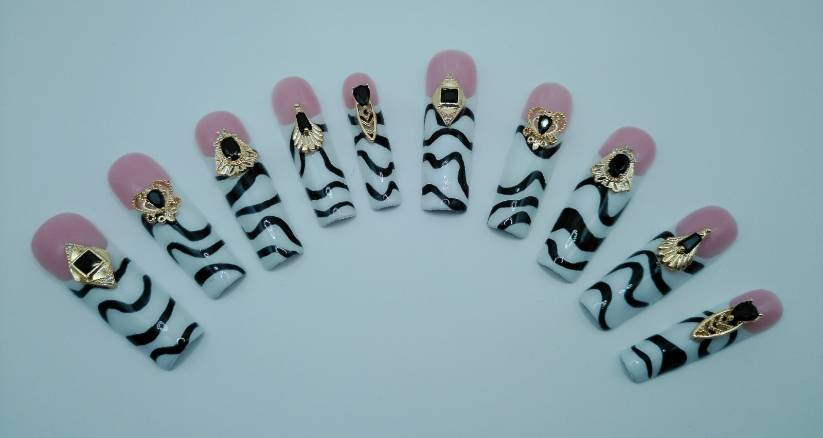 XXX Long Square Press-On Nails, Medium Size Black and White French, Luxury Gems