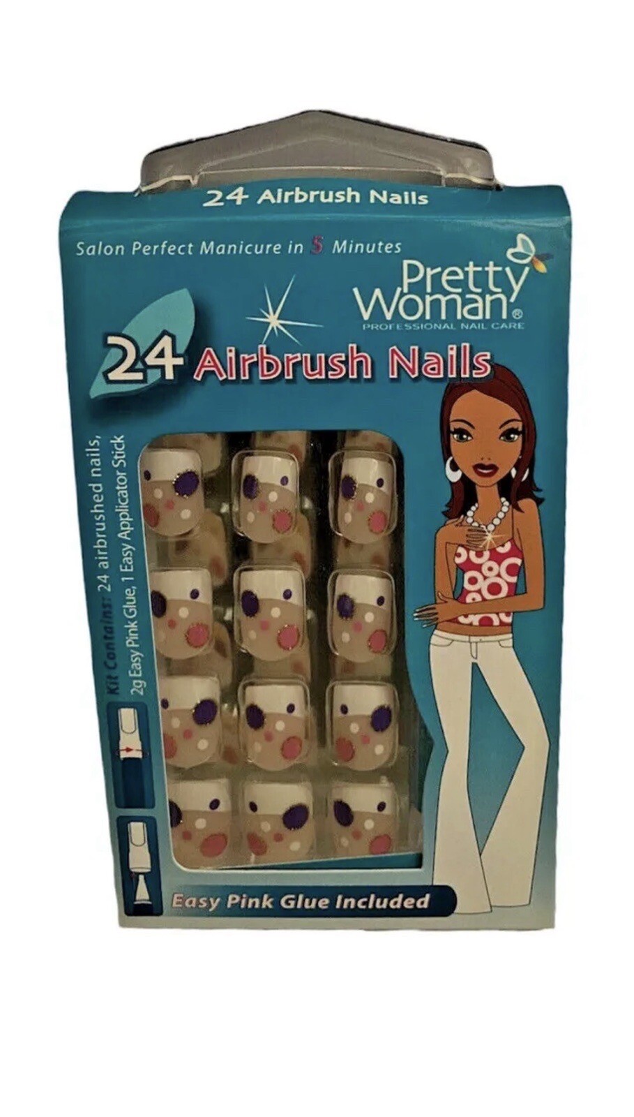 Pretty Woman 24Airbrush Nails +Glue. White Tips Purple Pink and White Polka Dots