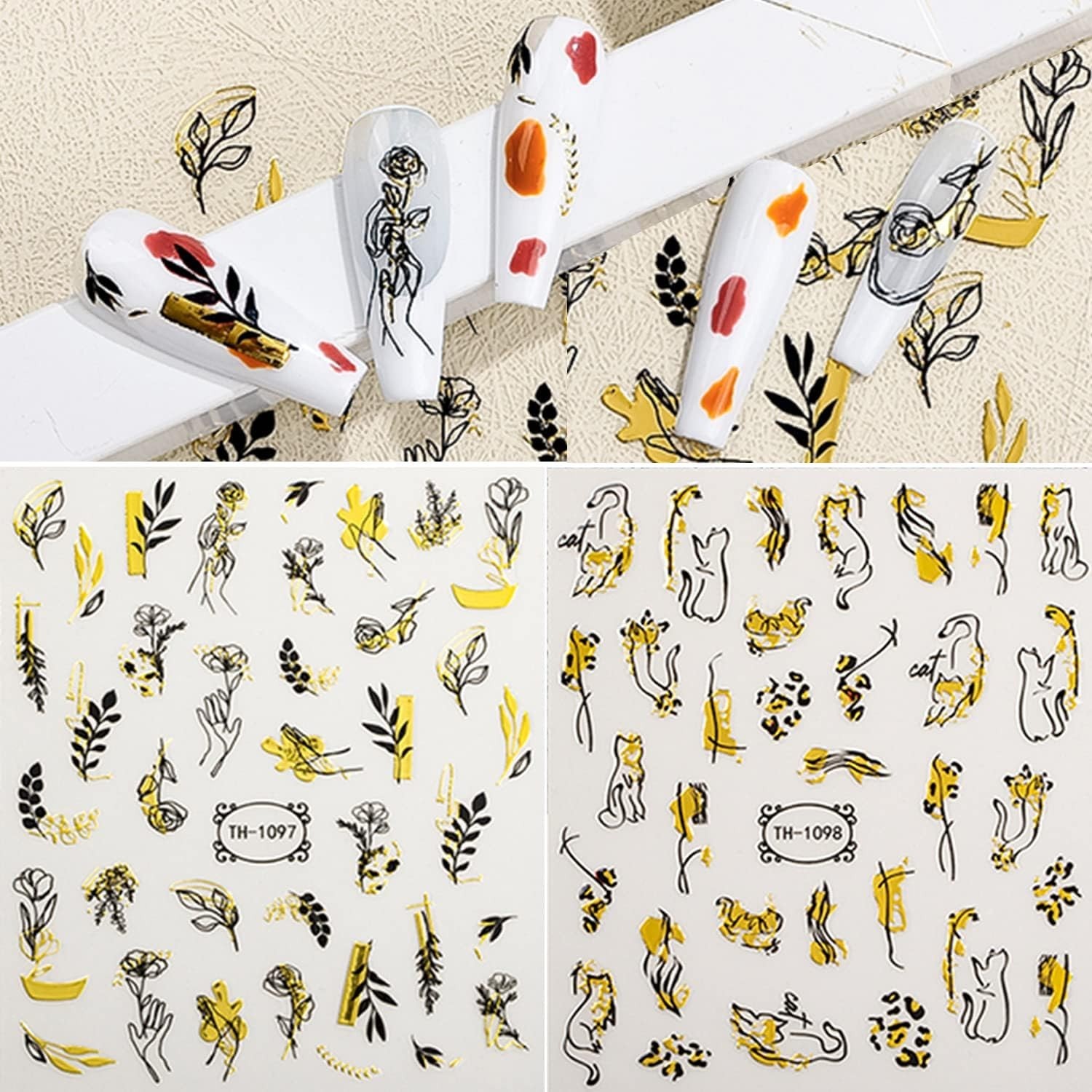 Chic 12 Sheet Nail Decals with Gold Stripe & Floral Patterns – DIY Decoration