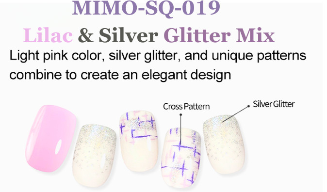 Press-On Nails Square –Lilac and White Mix with Silver Glitter & Purple line Art