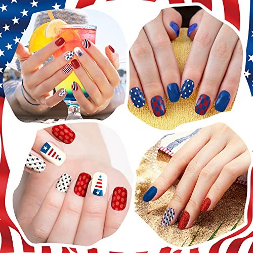 16 Pack 4th of July Press on Nails – Patriotic Retro Flag Pattern 384 Pieces