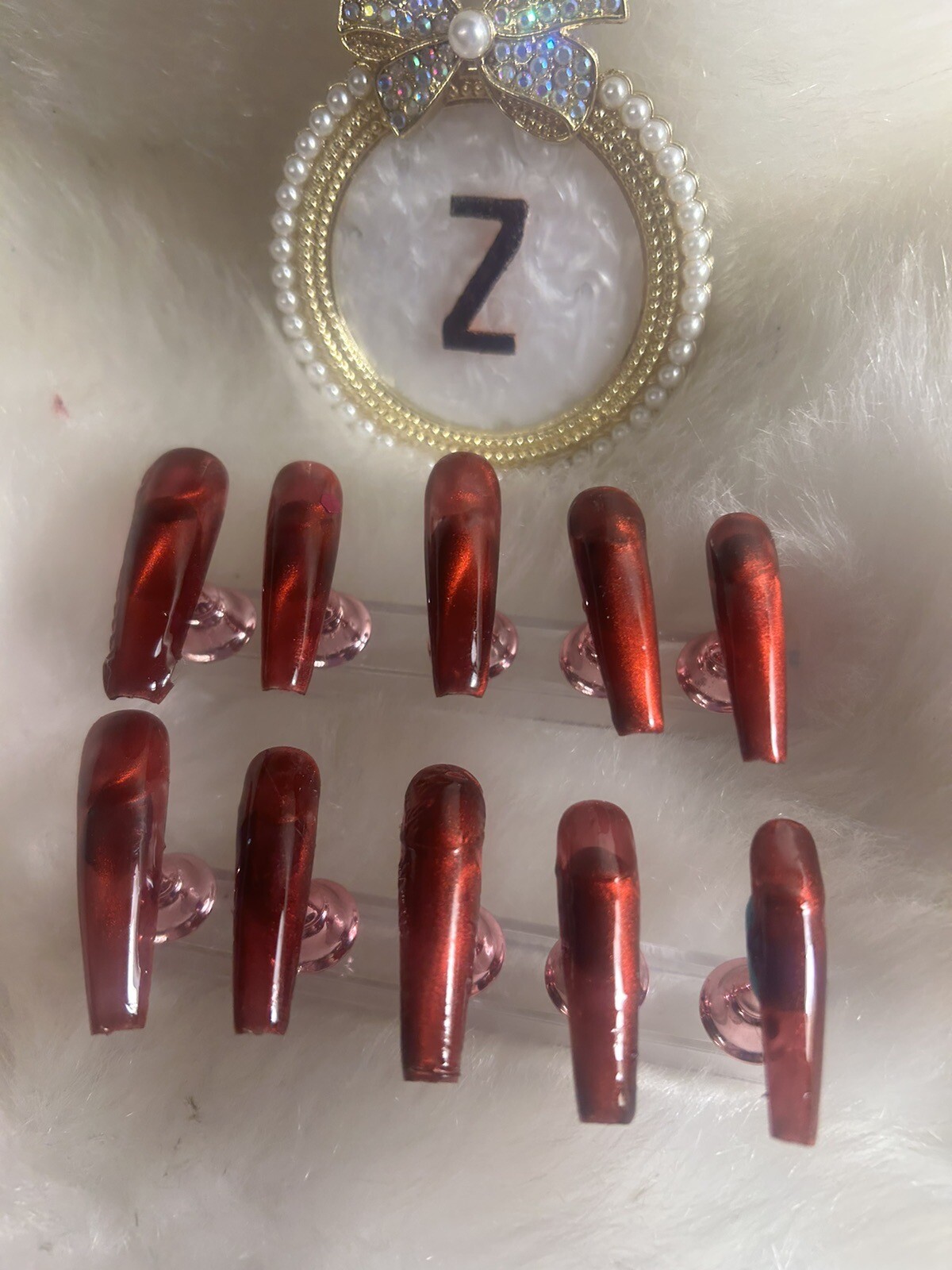 Z NAILZ! Handmade 2XL Coffin Magnetic Red 2 directional Press On Nails