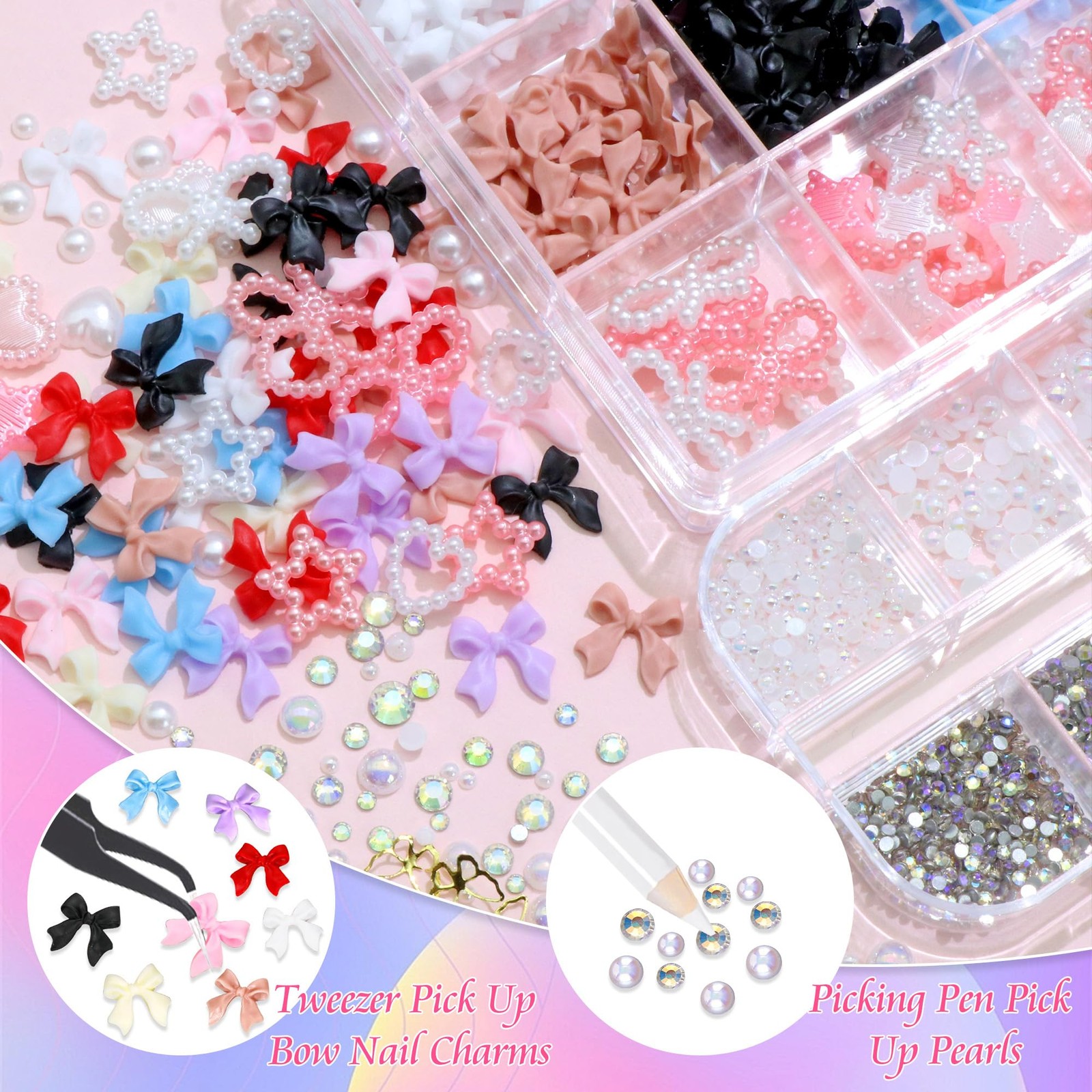 Bow Nail Charms and Flatback Pearls Gems Set,Assorted Bows Charms for Nail Ar…