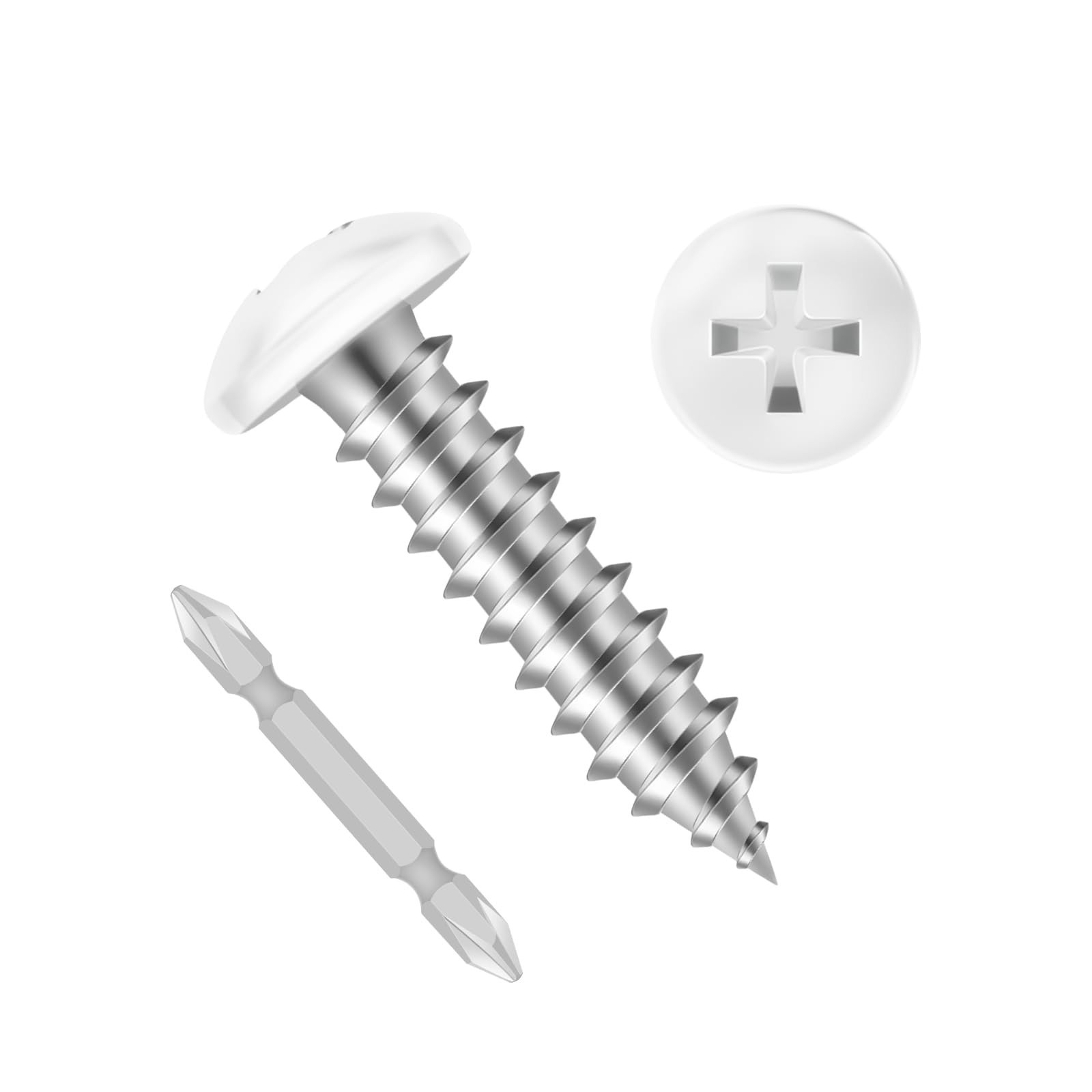 100 PCS #6 x 3/4″ Pan Head Self Tapping Screws, White Head Wood Screw, 304 St…