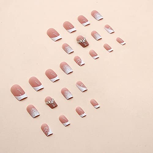 Pink Press On Nails Short Square, Coffin Shape Full Cover Reusable Rhinestones