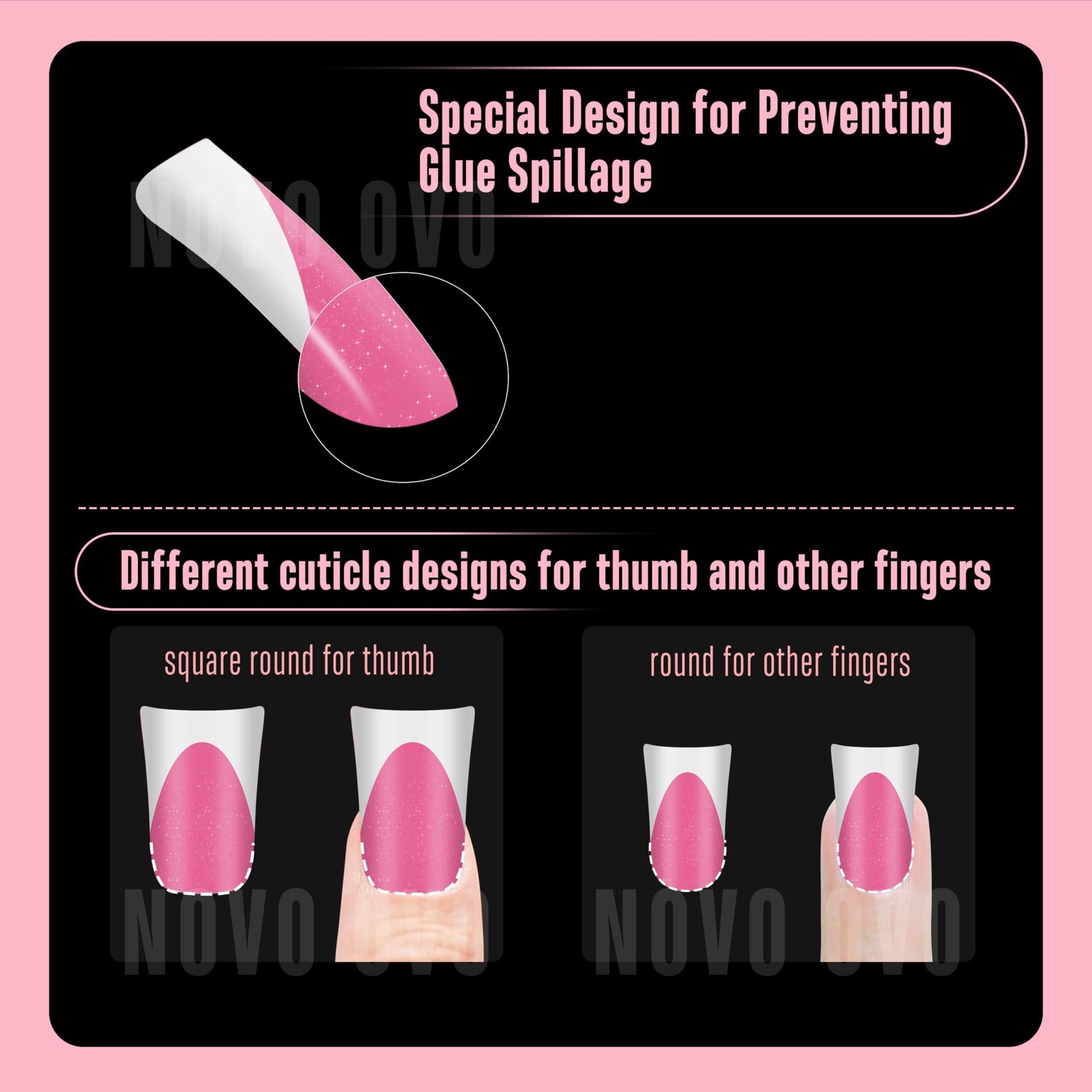 NOVO OVO Short Duck Nail Tips French Tip Press On ROSE PINK with Glitter, Sof…