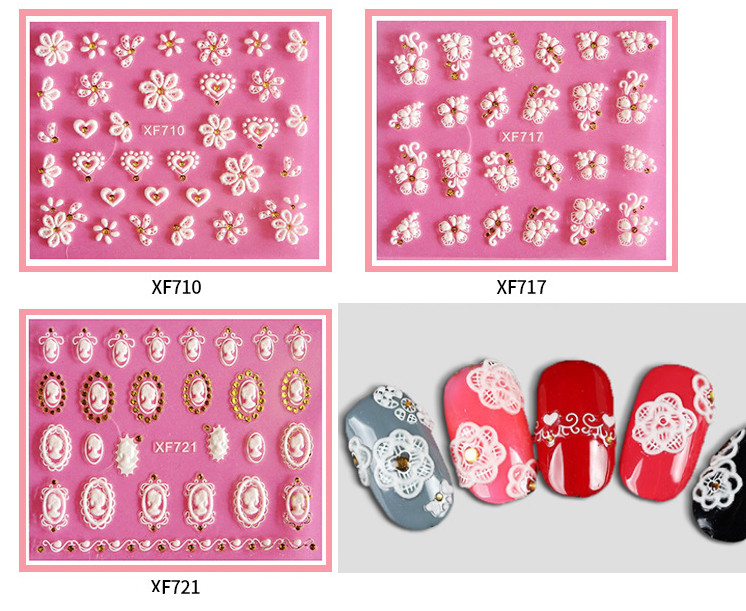 Heart Rose Daisy Flower Rhinestone Lace Stripe 3D Nail Art Stickers Decals NS42