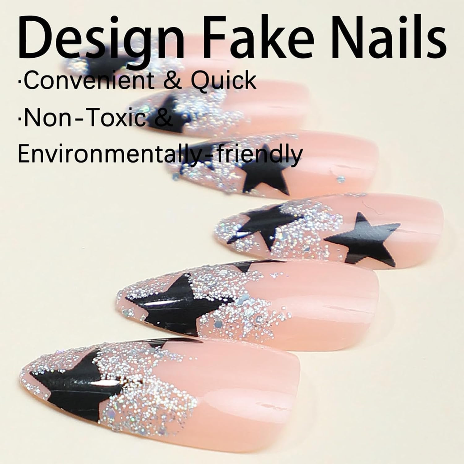 24Pcs Medium Almond Press on Nails with Black Five-pointed Star Design, Glossy S