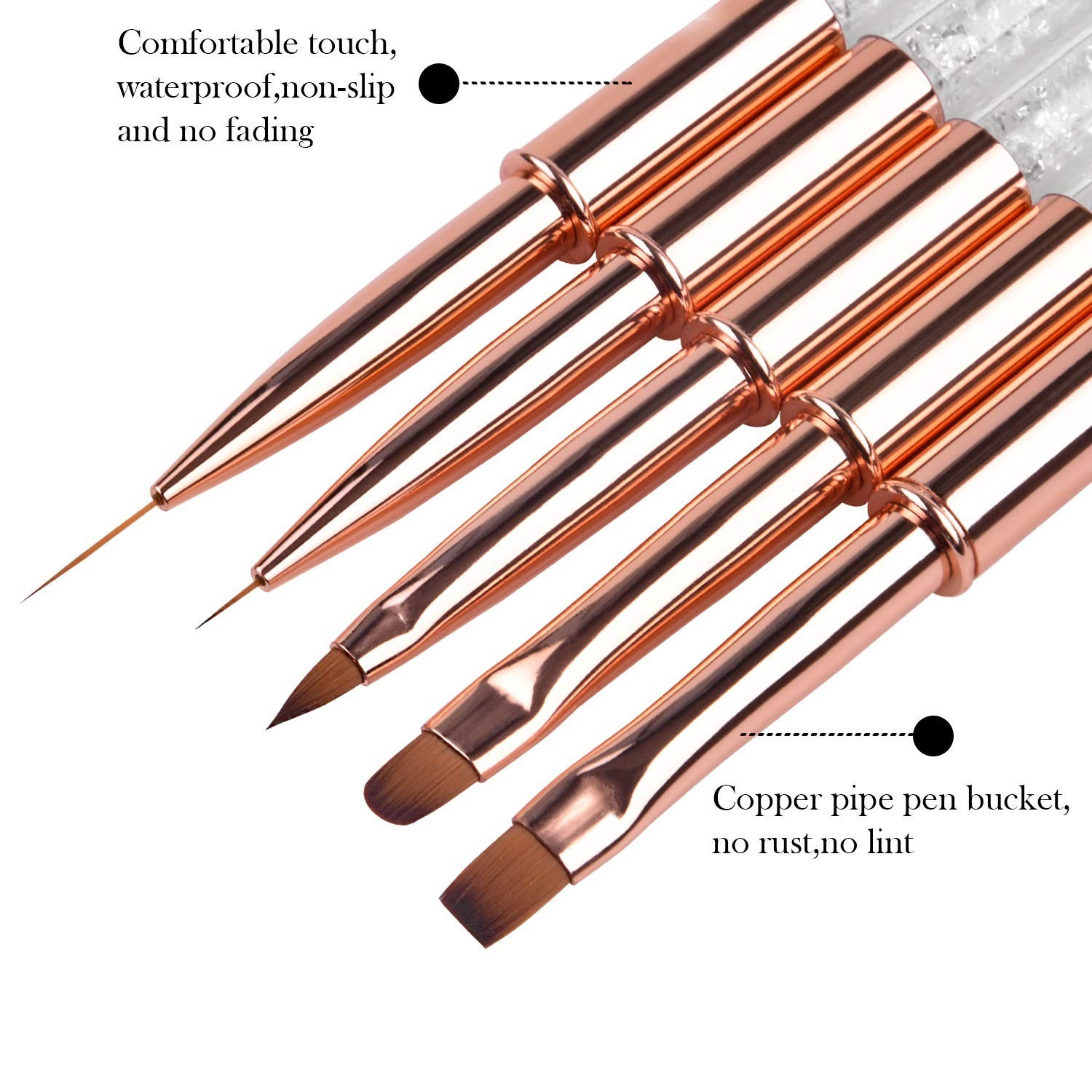 5pc Nail Art Brush Set – Rose Gold Rhinestone Handles, Gel Polish & Liner Brushe