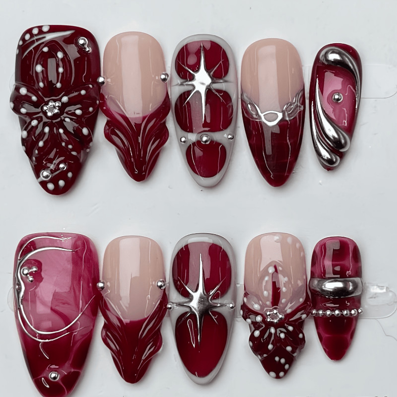 Handmade Medium Almond Fake Nails Nude Red Ombre 3D Bow Starburst Silver Design