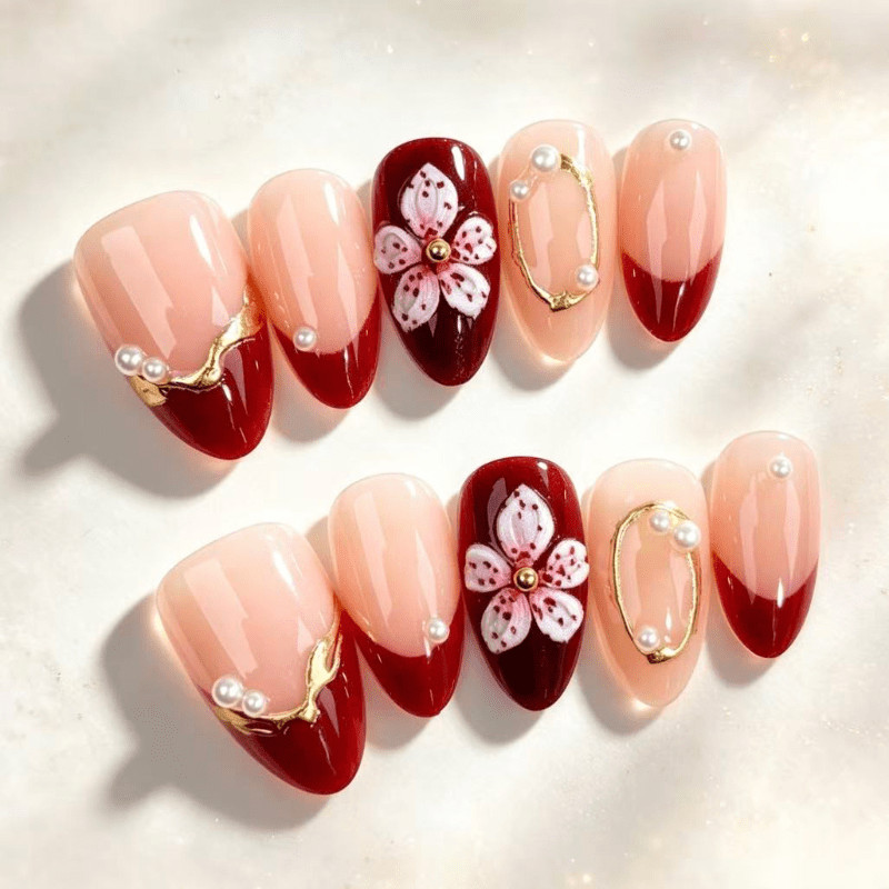 60Pcs Burgundy Floral Pearl Almond Press on Nails, Vintage Sweet Nude Fake Nails