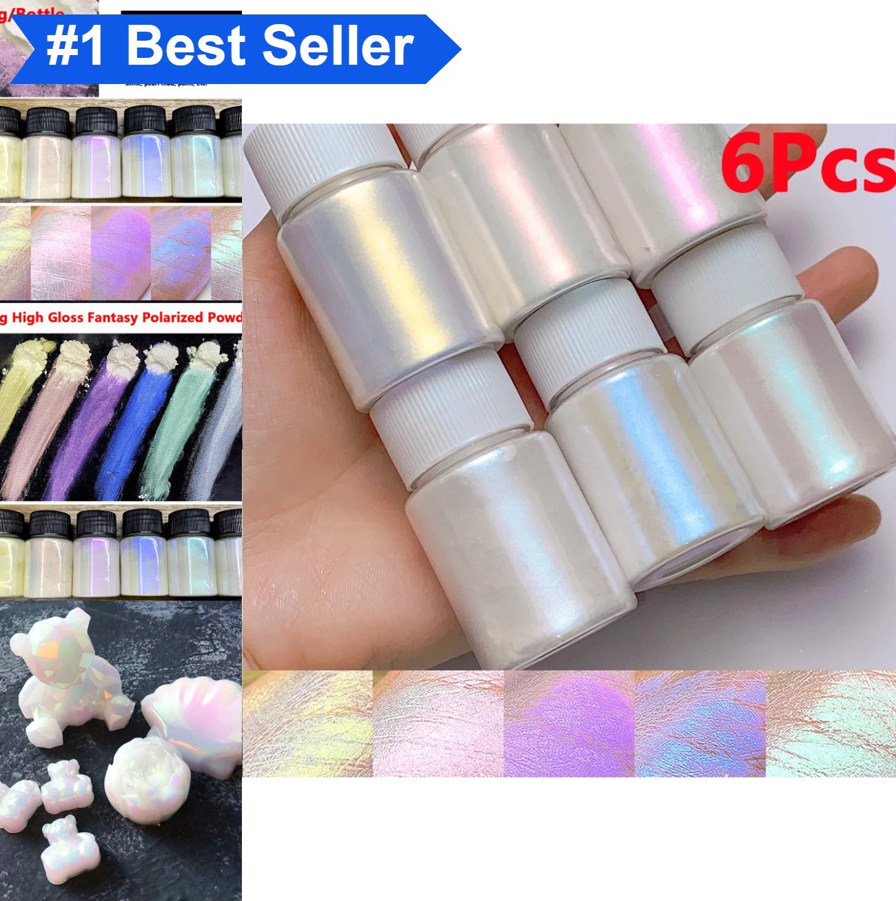 Aurora Mermaid Nail Art Powder 6 Pcs Set High Gloss White Pearl Chrome Pigment