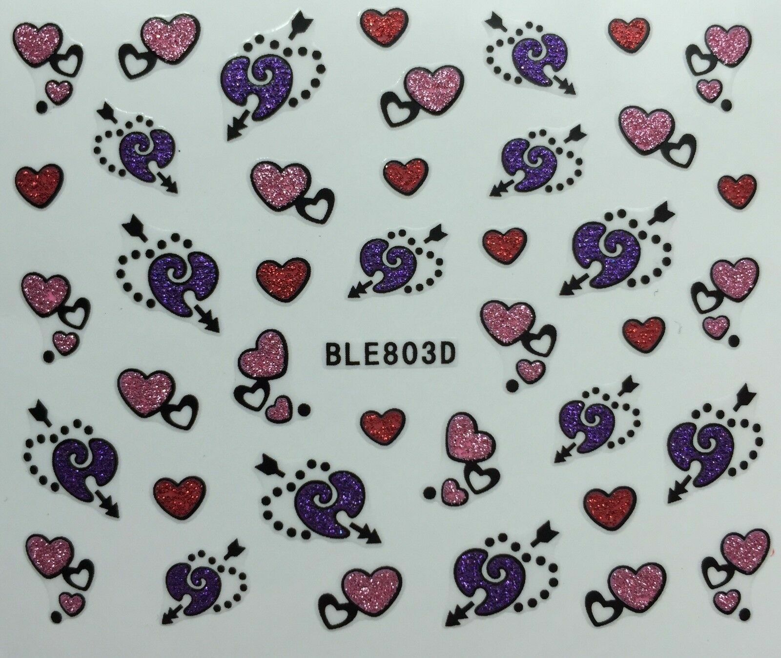 Nail Art 3D Glitter Decal Stickers Pink Purple Red Hearts Valentines Day BLE803D