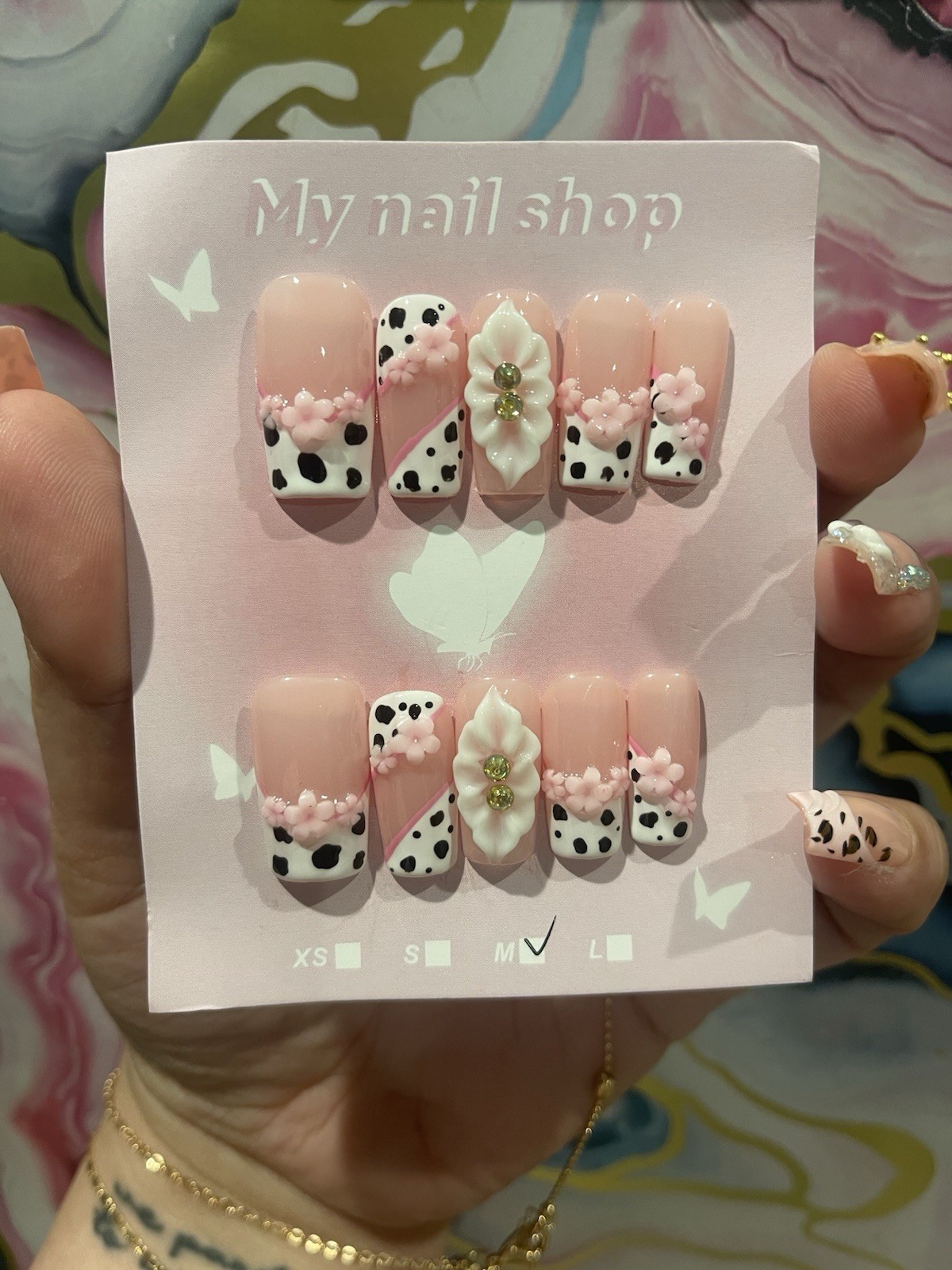 My nail shop Press-On Nails Medium Square Pink/White/Black 3D Animal Print