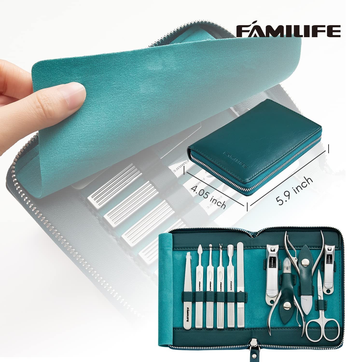 Stylish Blue Leather Manicure Kit – 11 Stainless Steel Tools for All Nail Types