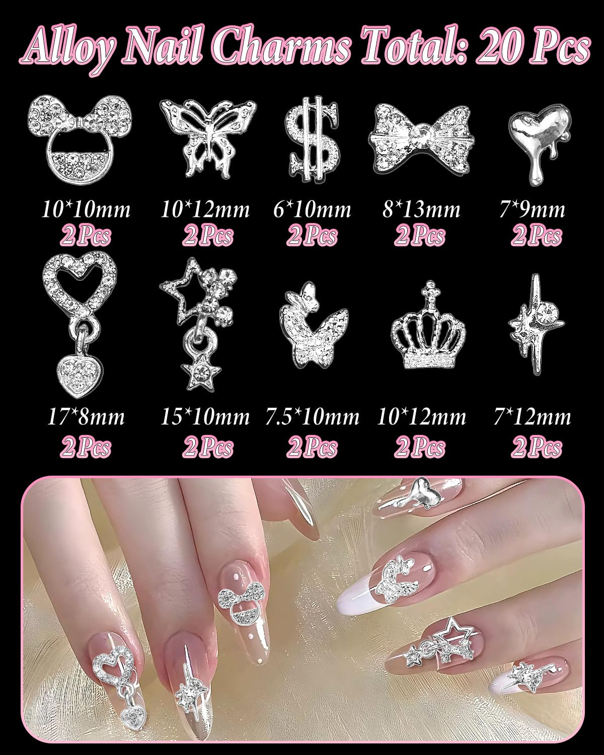 520 Pcs Silver Nail Charms Set – 3D Bow, Star, Heart, Butterfly & More