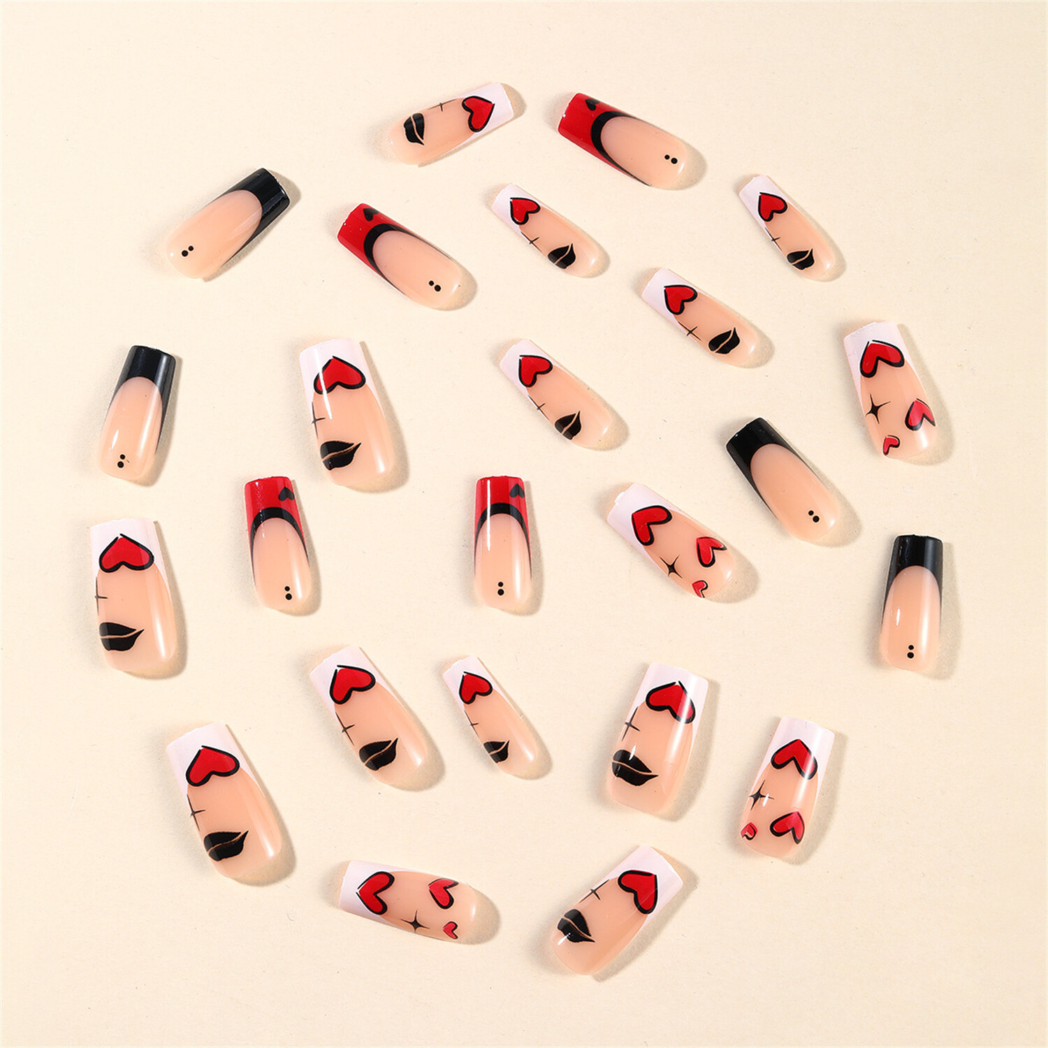 24pcs Valentine’s Day Heart Square Press-On Fake Nail Colorblock French Manicure
