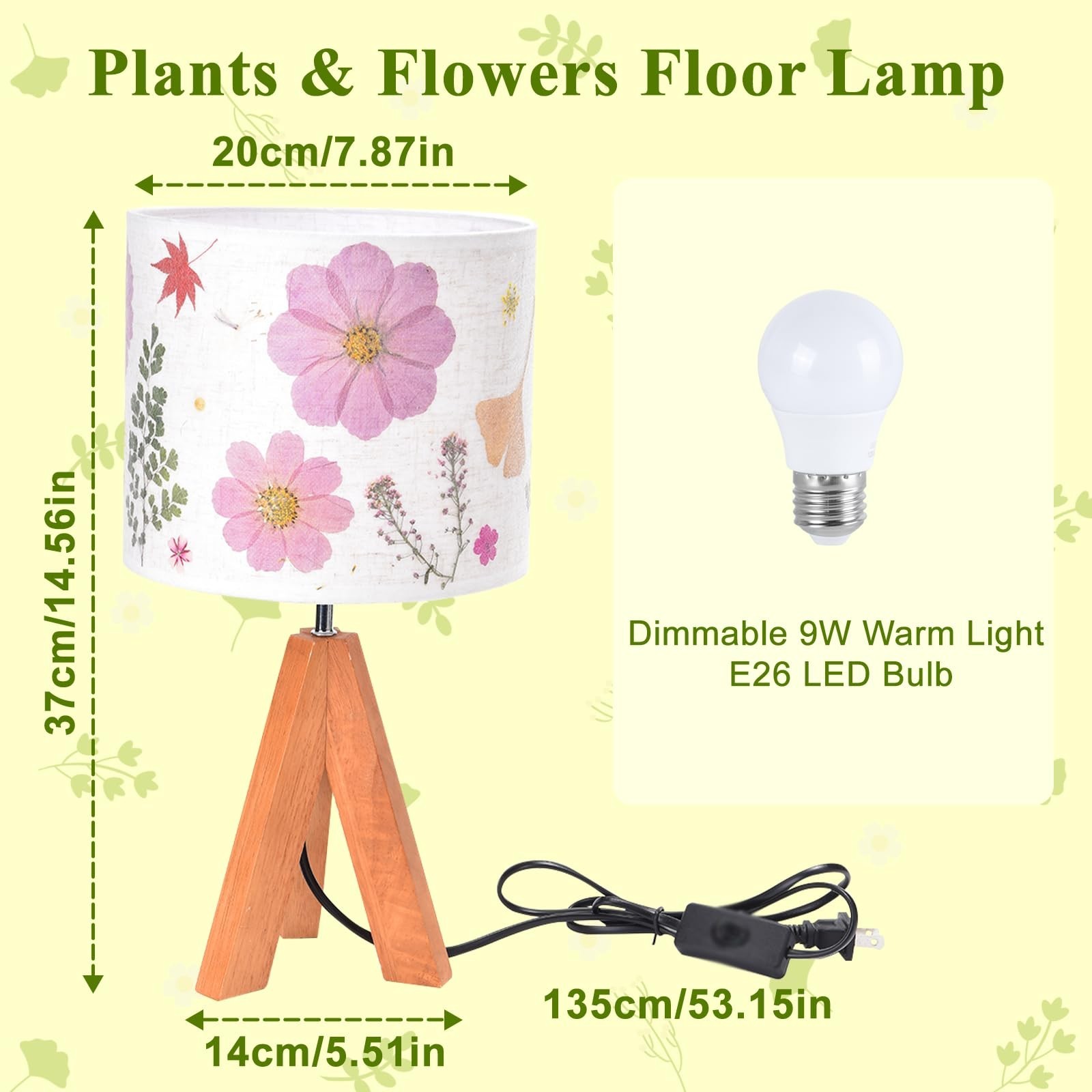 Floresita Dried Flowers Tripod Table Lamp 14.56in, 9W LED Dimmable 61“Drie