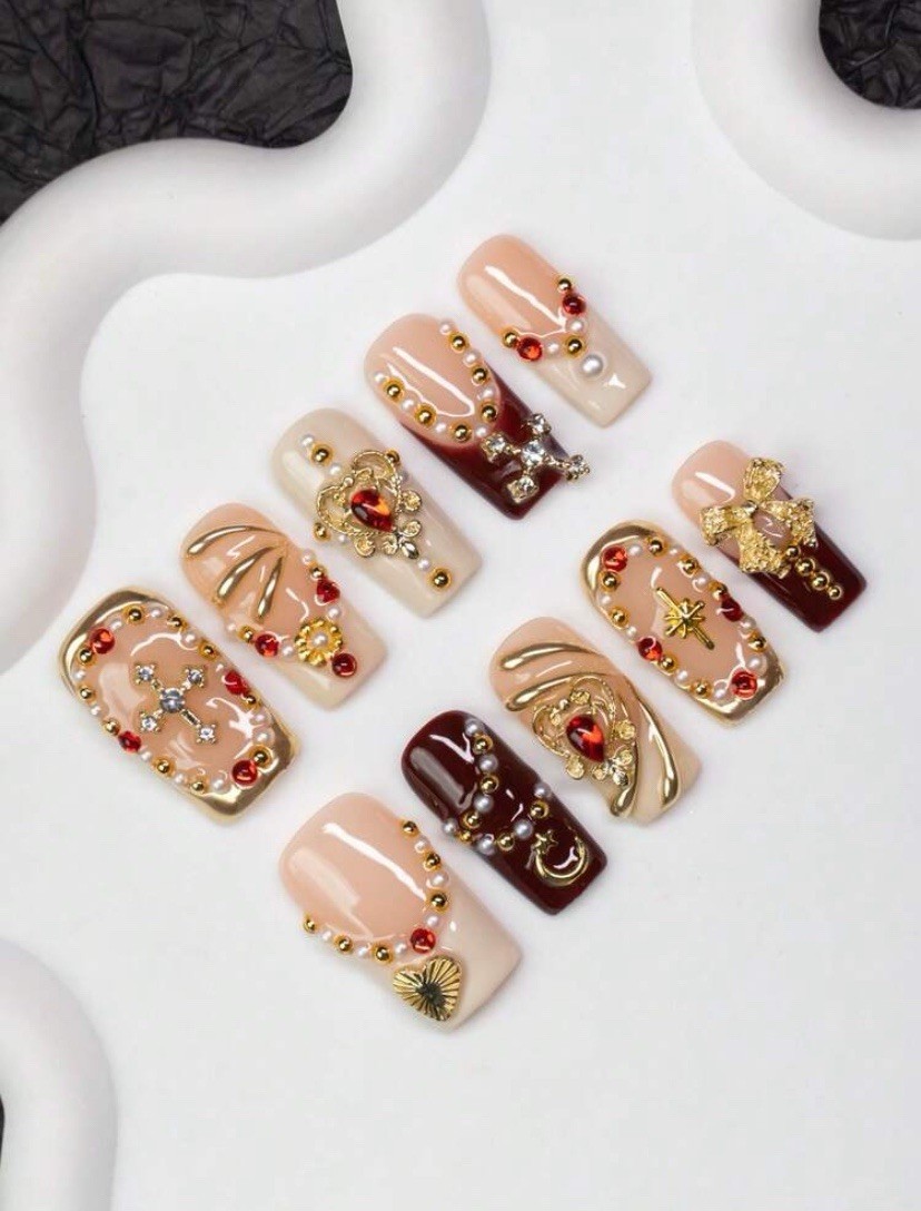 3D Flower Press-On Nails Medium Square Full Cover Red Charm White Blue Set