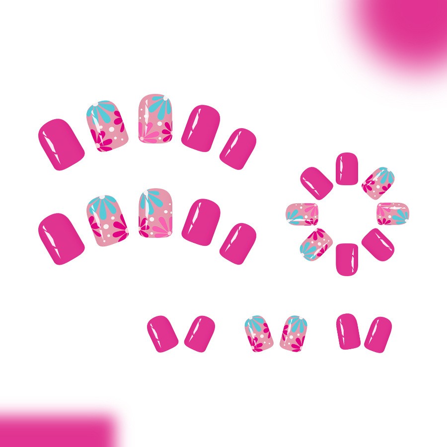 48P Short Square Press on Nails, Hot Pink Gradient Blue Floral Glossy Fake Nails