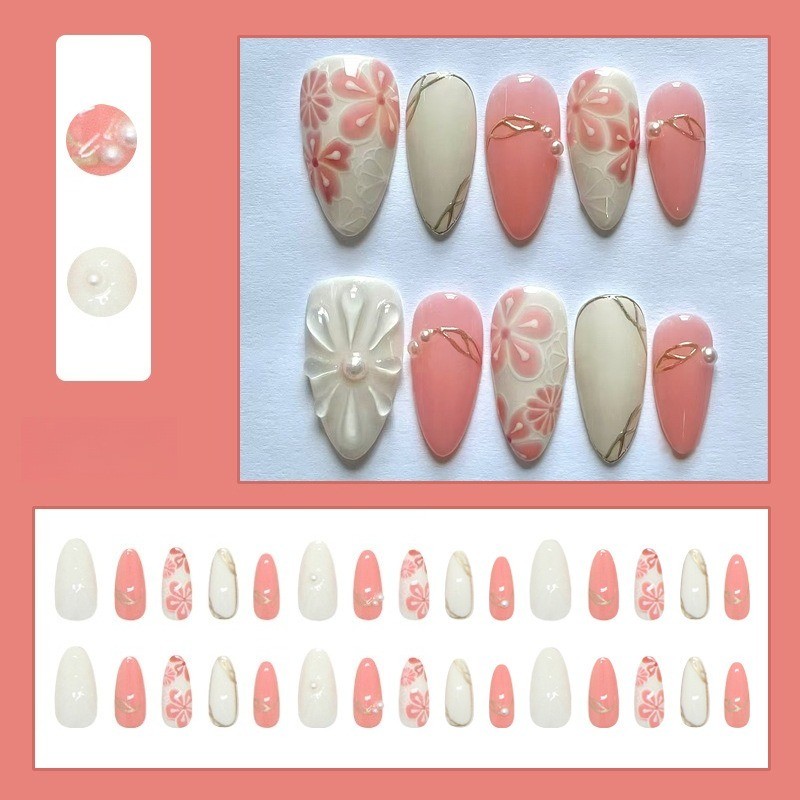 60pcs-Nude Pink Beige Press on Nails Cherry Blossom Print 3D Flower Almond Set