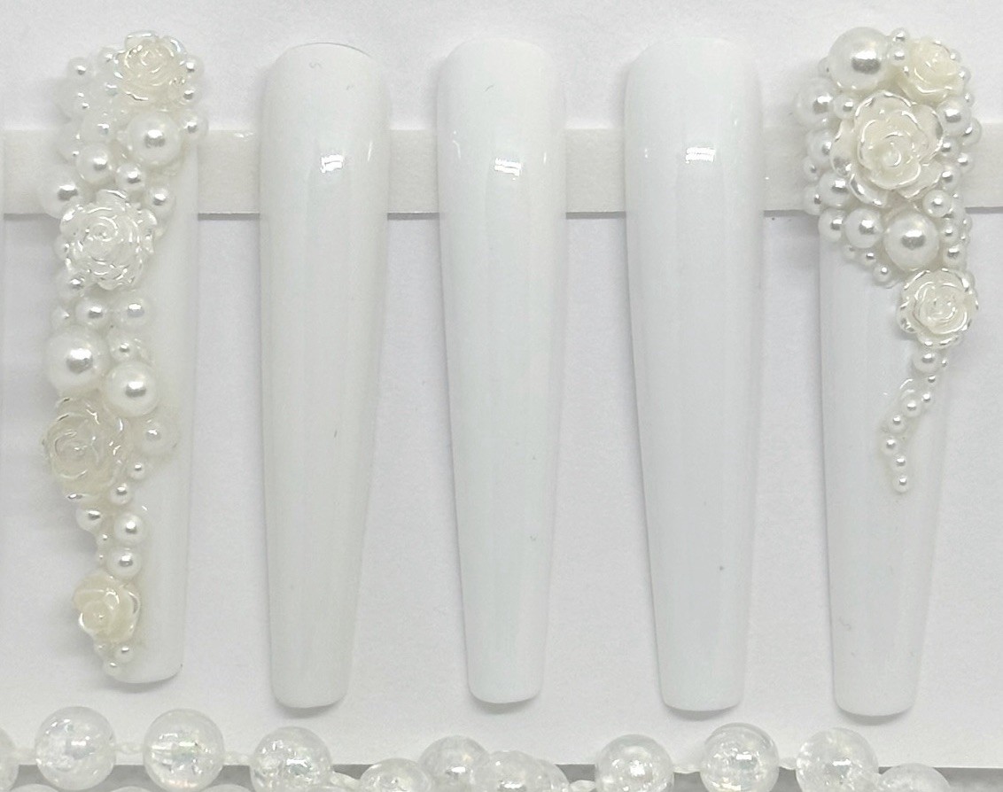 Handmade Custom Press on Nails 2X Long Coffin Wedding White Pearls & Roses Nails